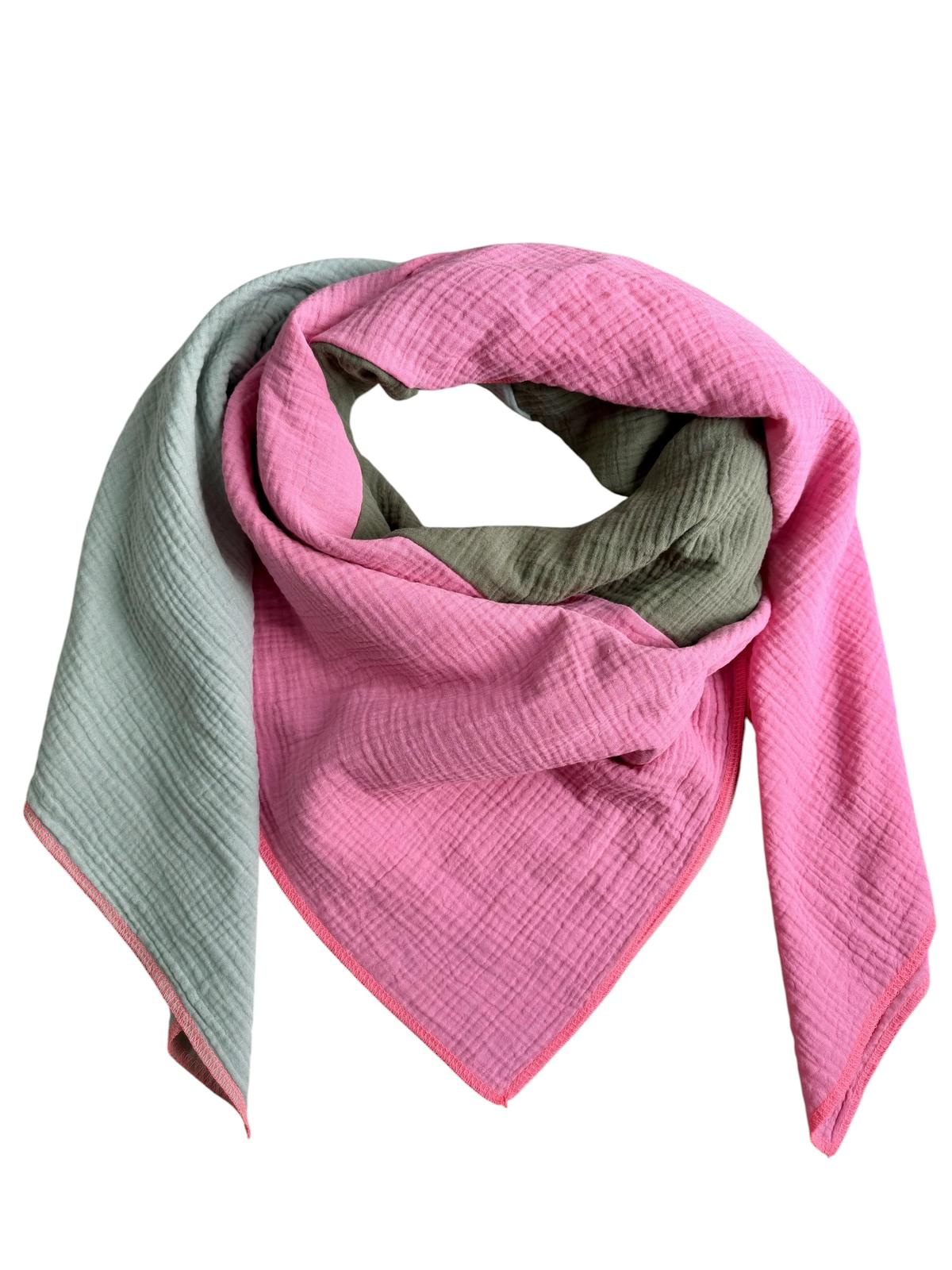 Musselin Liebe XL Tuch in den Farben salbeigrün, olivgrün und hellpink neon