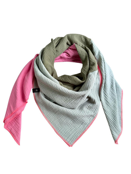 Musselin Liebe XL Tuch in den Farben salbeigrün, olivgrün und hellpink neon