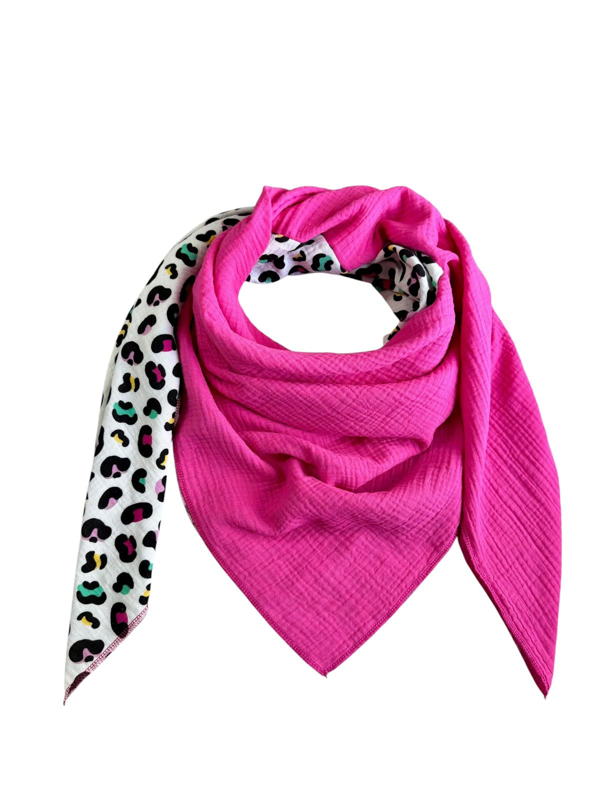 Musselin Liebe Halstuch XL Tuch in buntem Leo Muster und pink