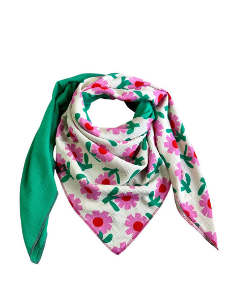 Musselin Liebe Halstuch XL Tuch mit pinkem Blumenmuster und grasgrün