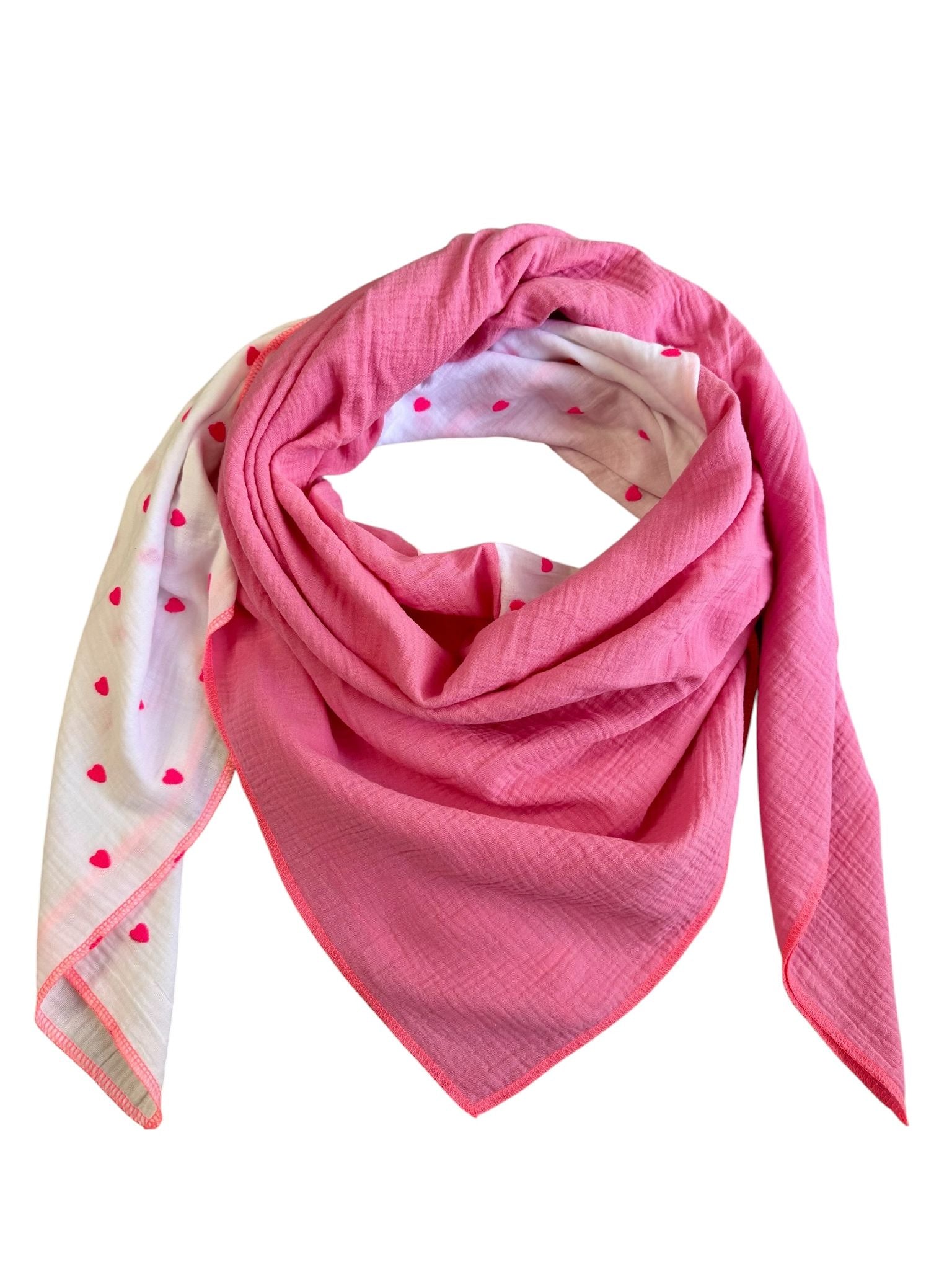 Musselin Liebe XL Tuch Halstuch Schal in weiß mit neonpinken Herzen und hellpink neon