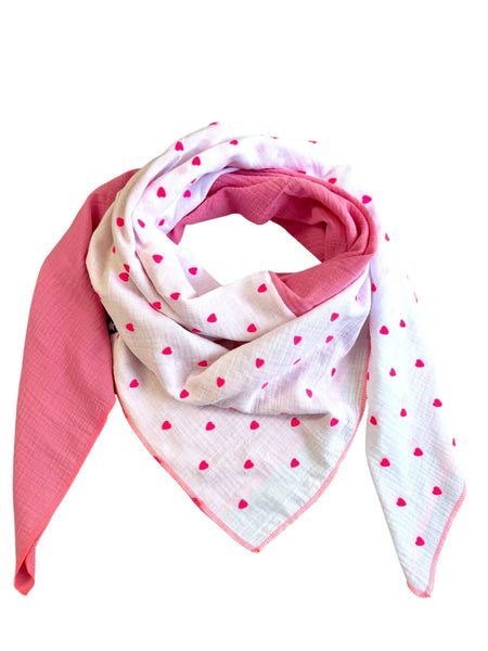 Musselin Liebe XL Tuch Halstuch Schal in weiß mit neonpinken Herzen und hellpink neon