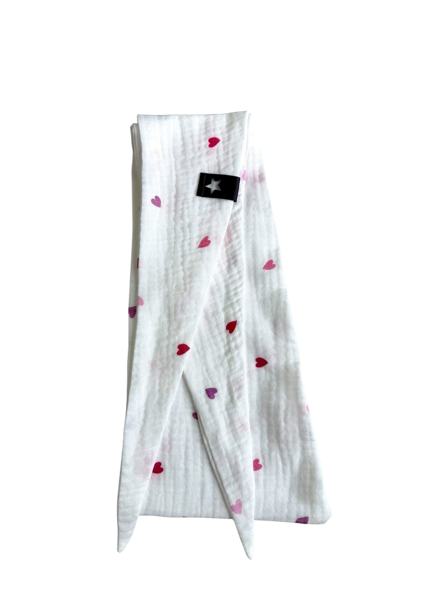 Musselin Liebe Mini Sophie Scarf Halstuch in weiß mit pinken und lila Herzen